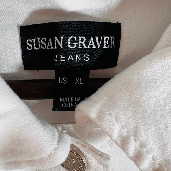 Susan Graver White Peplum Denim Jacket XL Eyelet Lace Hem Stretch Cotton - Picture 9 of 12